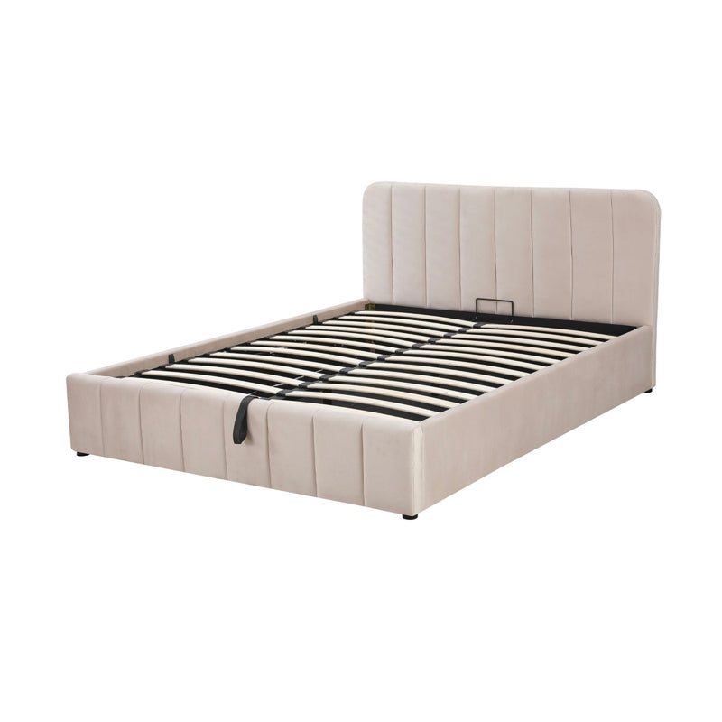 Aviala - Lit Coffre Velours Avec Tête De Lit + Sommier À Lattes - Beige