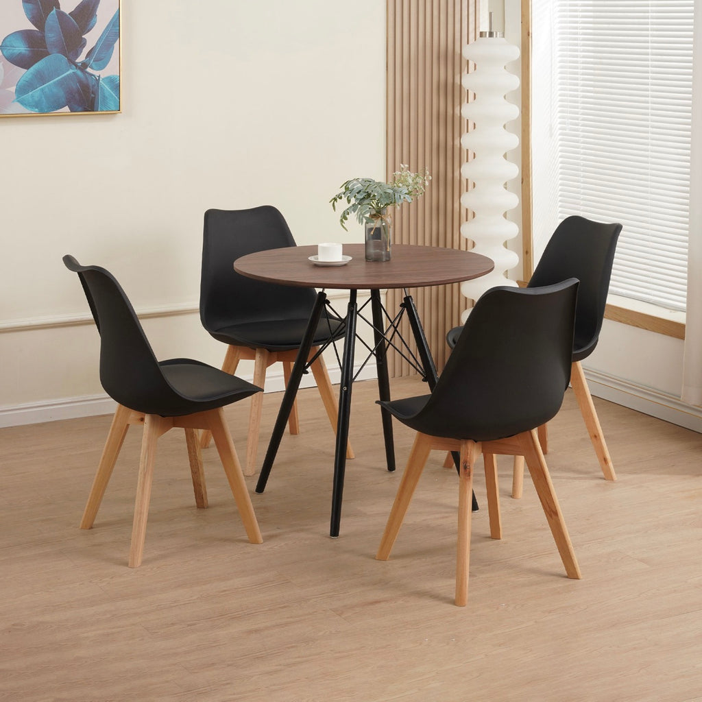 Scandi - Ensemble Repas Table Ronde + 4 Chaises - Noyer