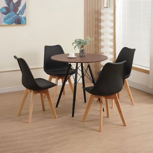 Scandi - Ensemble Repas Table Ronde + 4 Chaises - Noyer