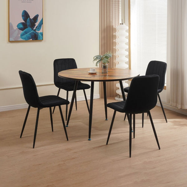 Scandi - Ensemble Repas Table Ronde + 4 Chaises Velours - Naturel