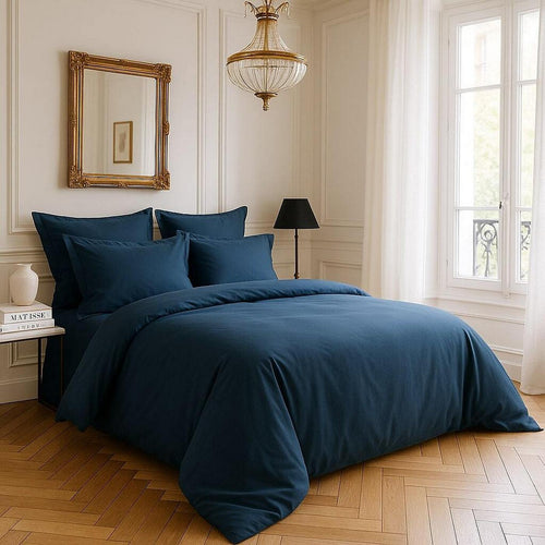 Housse De Couette - 100% Satin De Coton Lavé - 105 Fils - Bleu Marine
