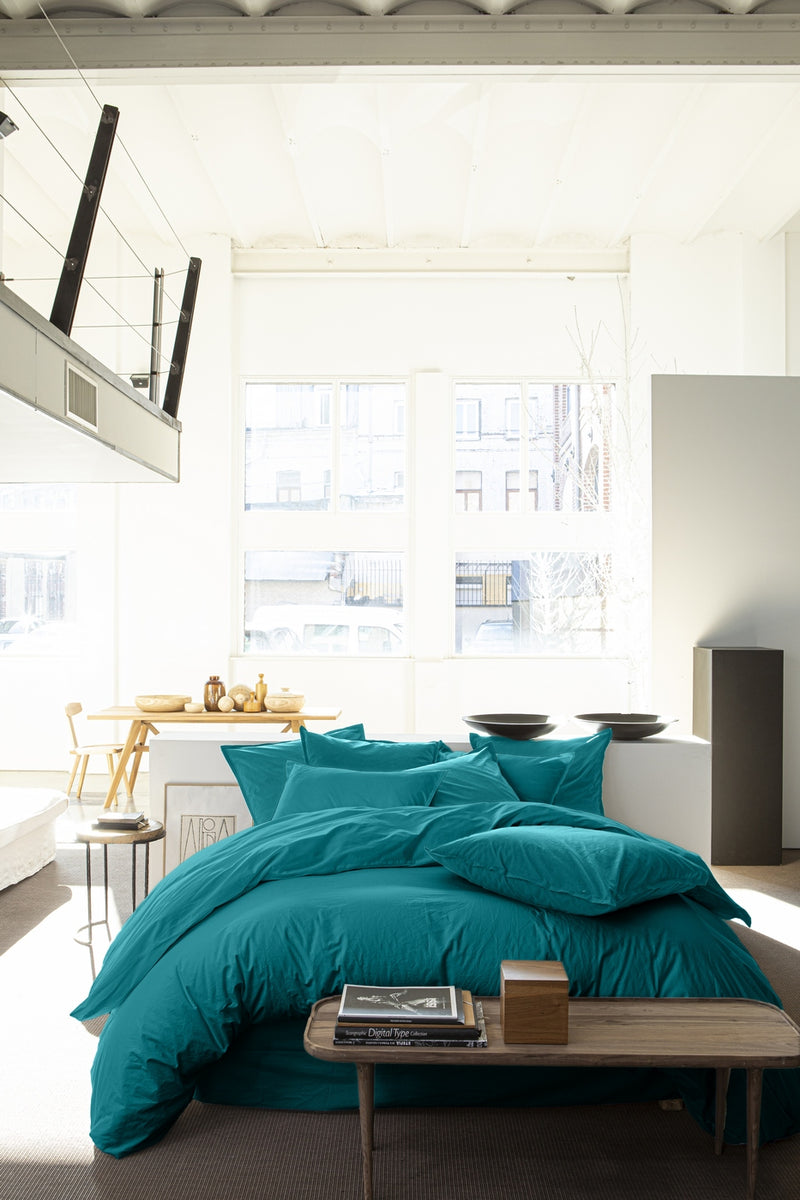 Housse De Couette - 100% Percale De Coton Lavé - 80 Fils - Bleu Canard