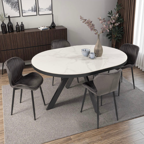 Velvet - Ensemble Table Ovale Céramique + 4 Chaises En Velours - Marbre Blanc