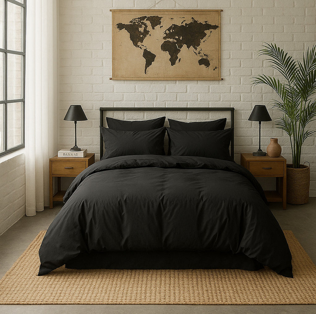 Fitted Sheet - 100% Washed Cotton Percale 200 Thread Count - Midnight Black
