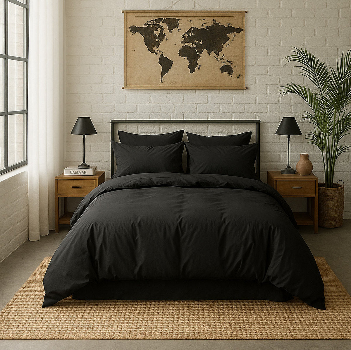 Fitted Sheet - 100% Washed Cotton Percale 200 Thread Count - Midnight Black