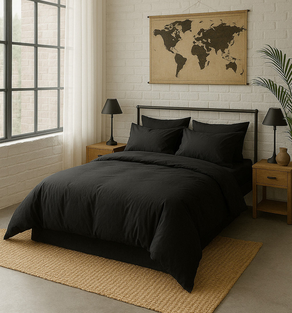 Fitted Sheet - 100% Washed Cotton Percale 200 Thread Count - Midnight Black