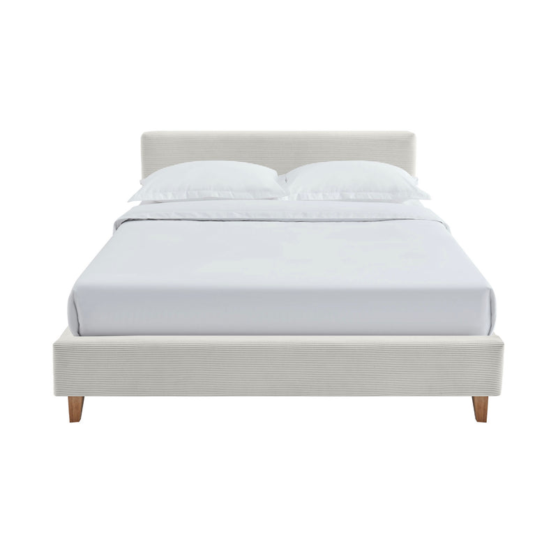Mileno - Lit Avec Tête De Lit En Velours Côtelé Et Pieds Bois - Beige