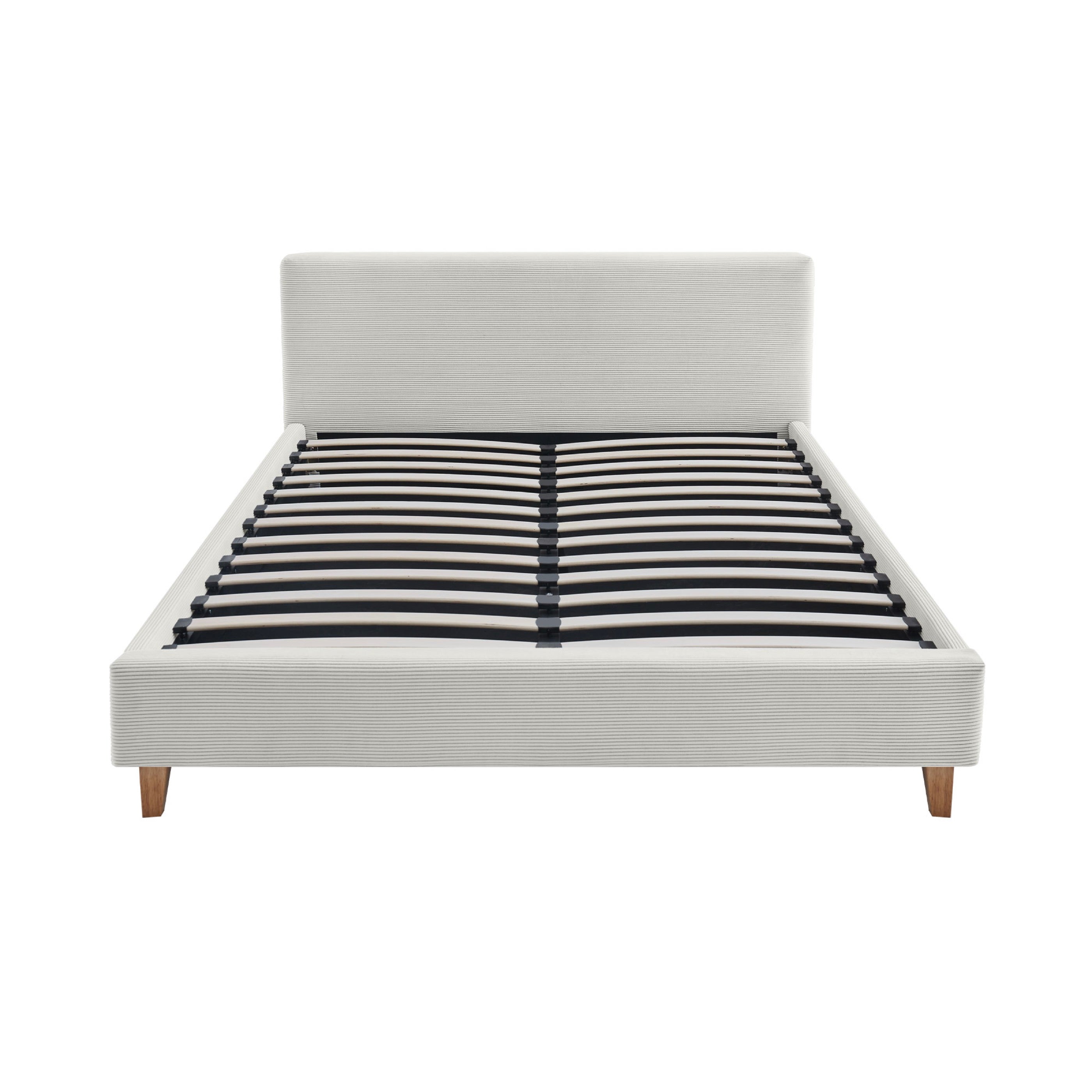 Mileno - Lit Avec Tête De Lit En Velours Côtelé Et Pieds Bois - Beige