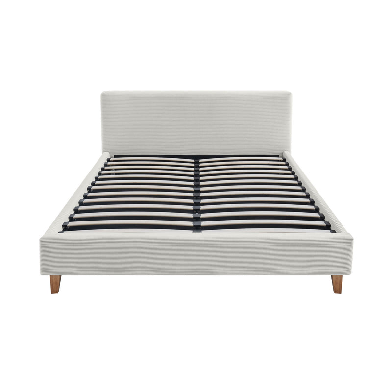 Mileno - Lit Avec Tête De Lit En Velours Côtelé Et Pieds Bois - Beige