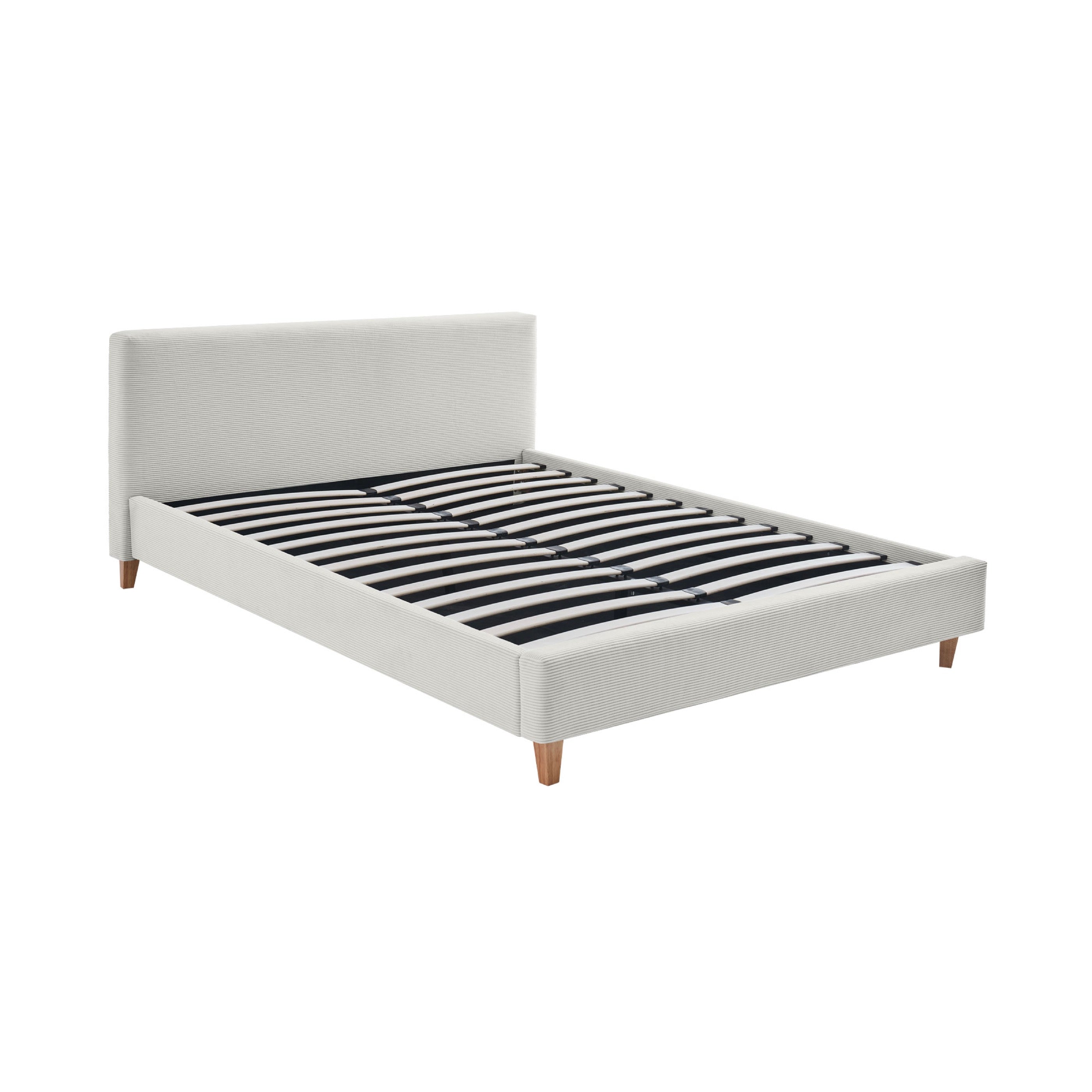 Mileno - Lit Avec Tête De Lit En Velours Côtelé Et Pieds Bois - Beige