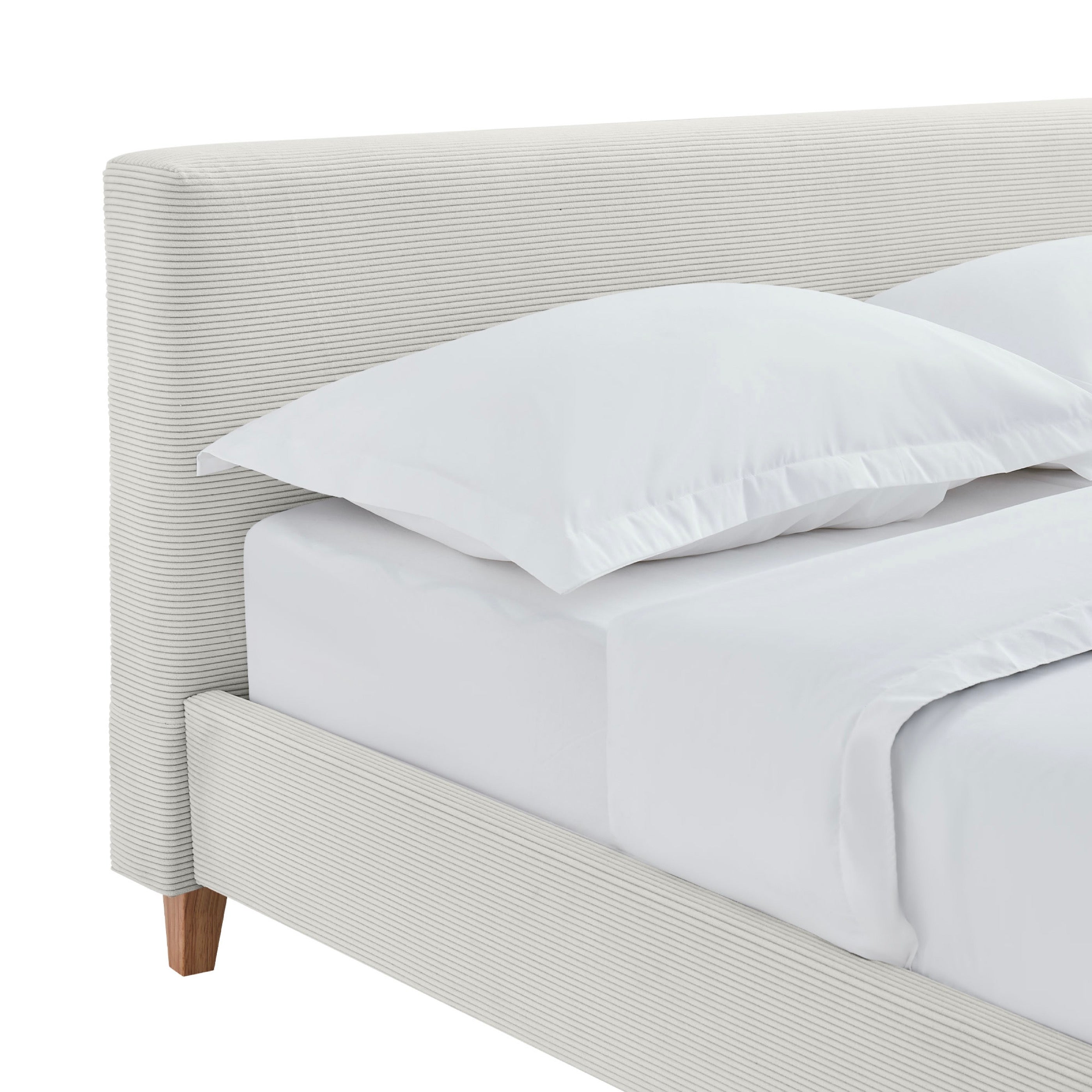 Mileno - Lit Avec Tête De Lit En Velours Côtelé Et Pieds Bois - Beige