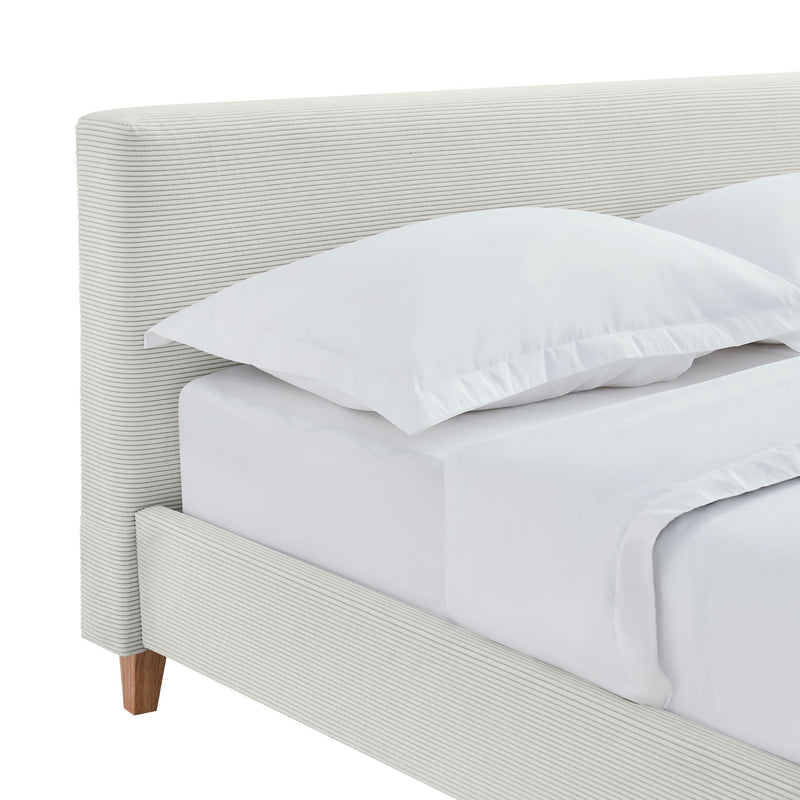 Mileno - Lit Avec Tête De Lit En Velours Côtelé Et Pieds Bois - Beige