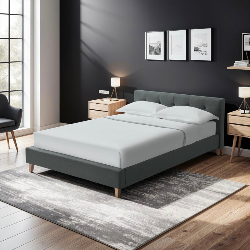Mileno - Lit Avec Tête De Lit En Tissu Et Pieds Bois - Anthracite