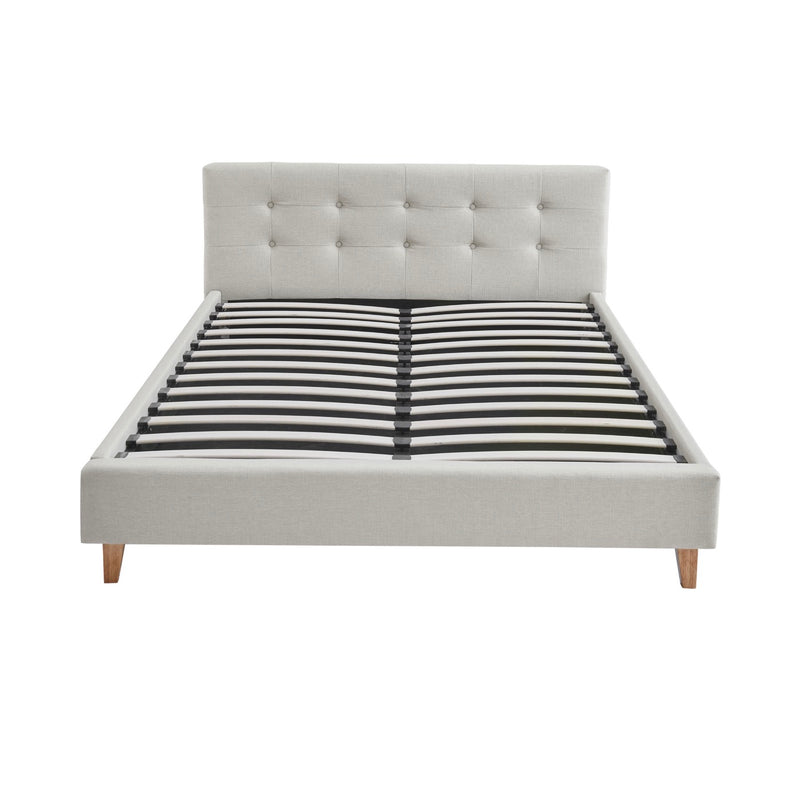 Mileno - Lit Avec Tête De Lit En Tissu Et Pieds Bois - Beige