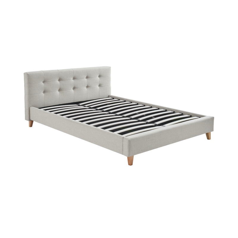 Mileno - Lit Avec Tête De Lit En Tissu Et Pieds Bois - Beige