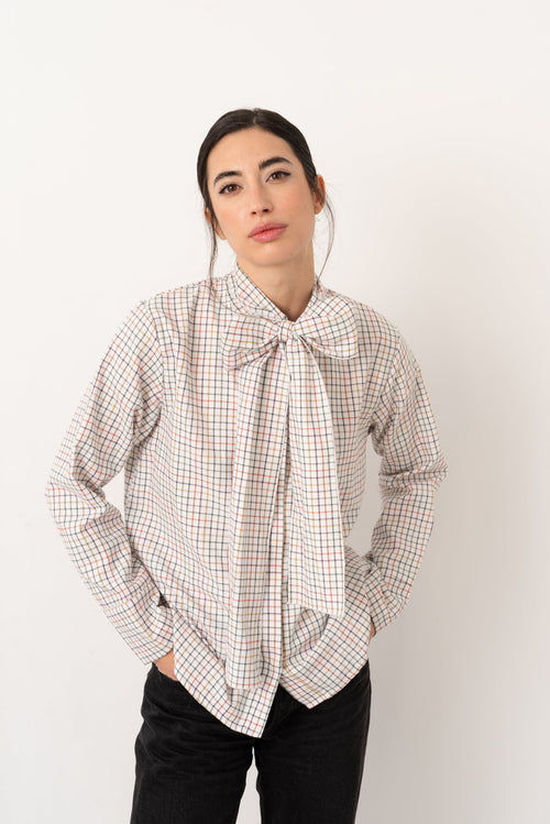 Camisa lazada cuadros beige claro - Vanó Studio