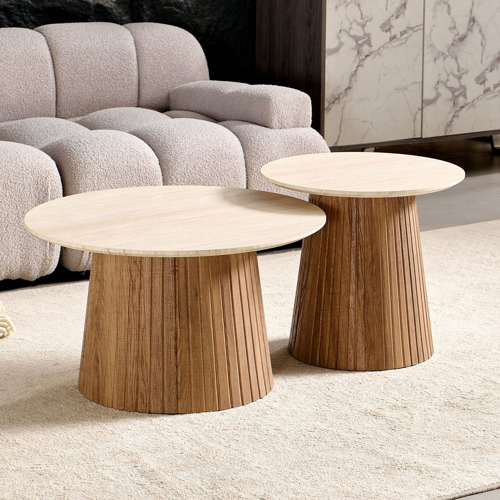 Lot De 2 Tables Basses Rondes - Décor Chêne Et Travertin