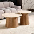 Lot De 2 Tables Basses Rondes - Décor Chêne Et Travertin