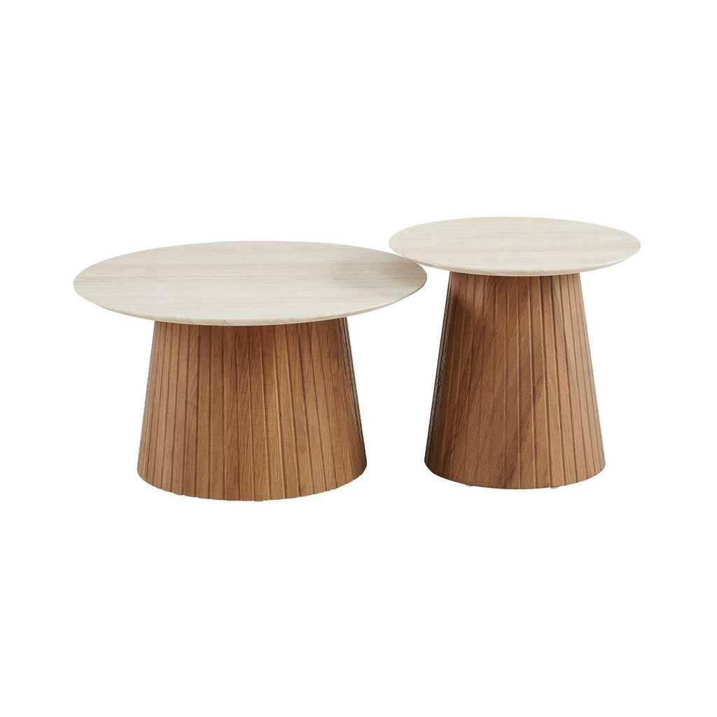 Lot De 2 Tables Basses Rondes - Décor Chêne Et Travertin