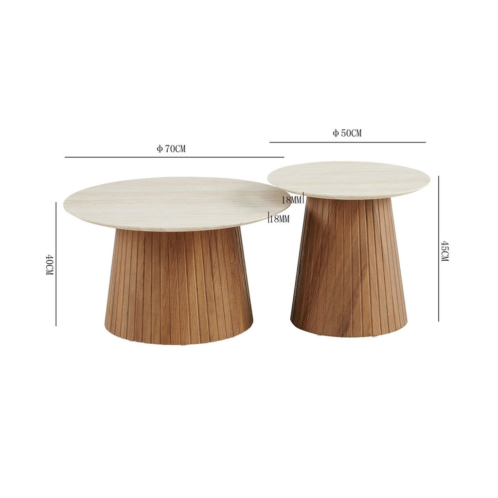 Lot De 2 Tables Basses Rondes - Décor Chêne Et Travertin
