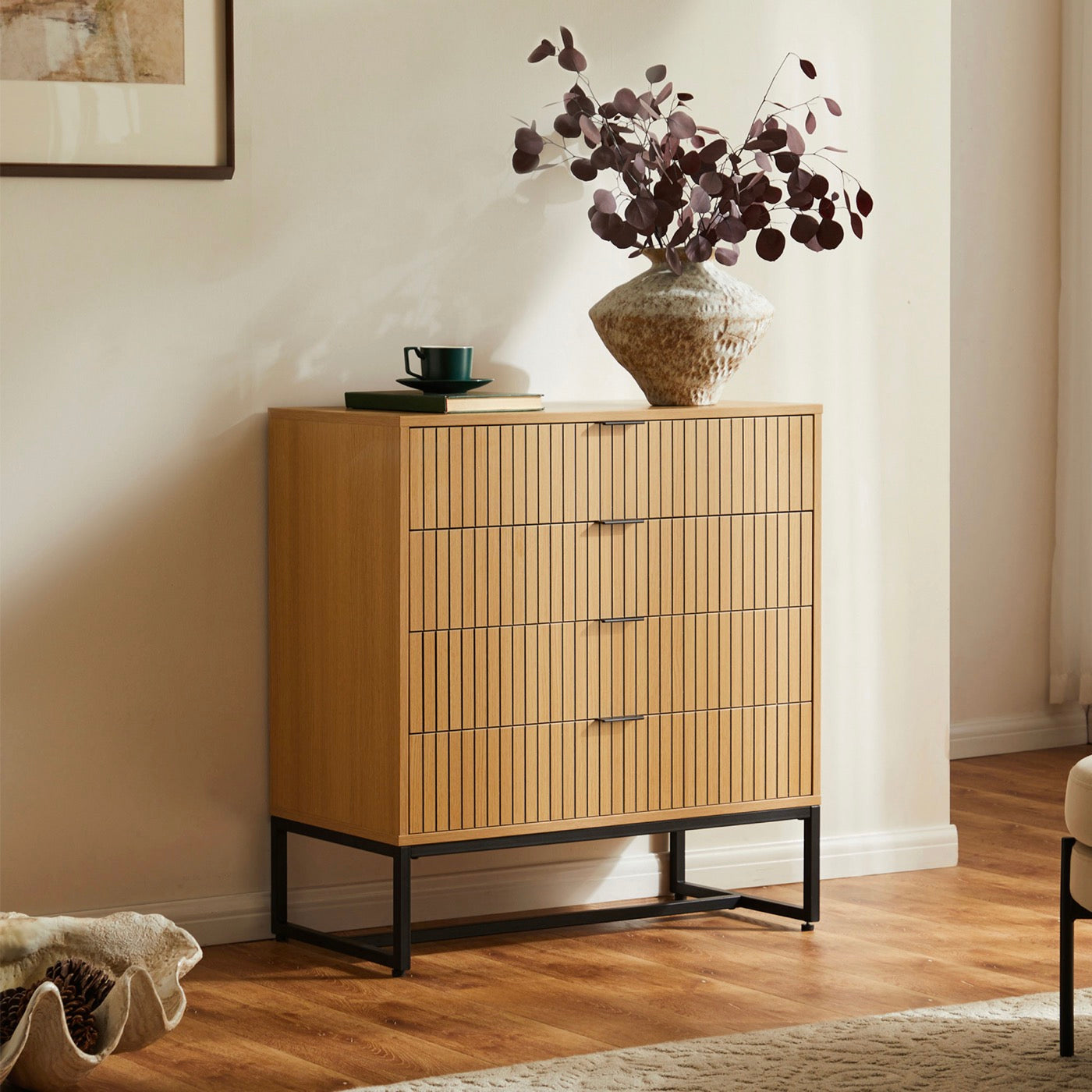 Rima - Commode 4 Tiroirs Effet Cannelé - Naturel