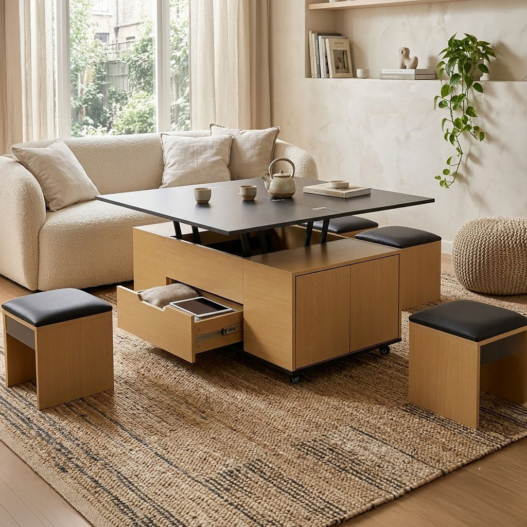 Calis - Table Basse Avec 4 Poufs - Noir Et Naturel