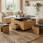 Calis - Table Basse Avec 4 Poufs - Noir Et Naturel
