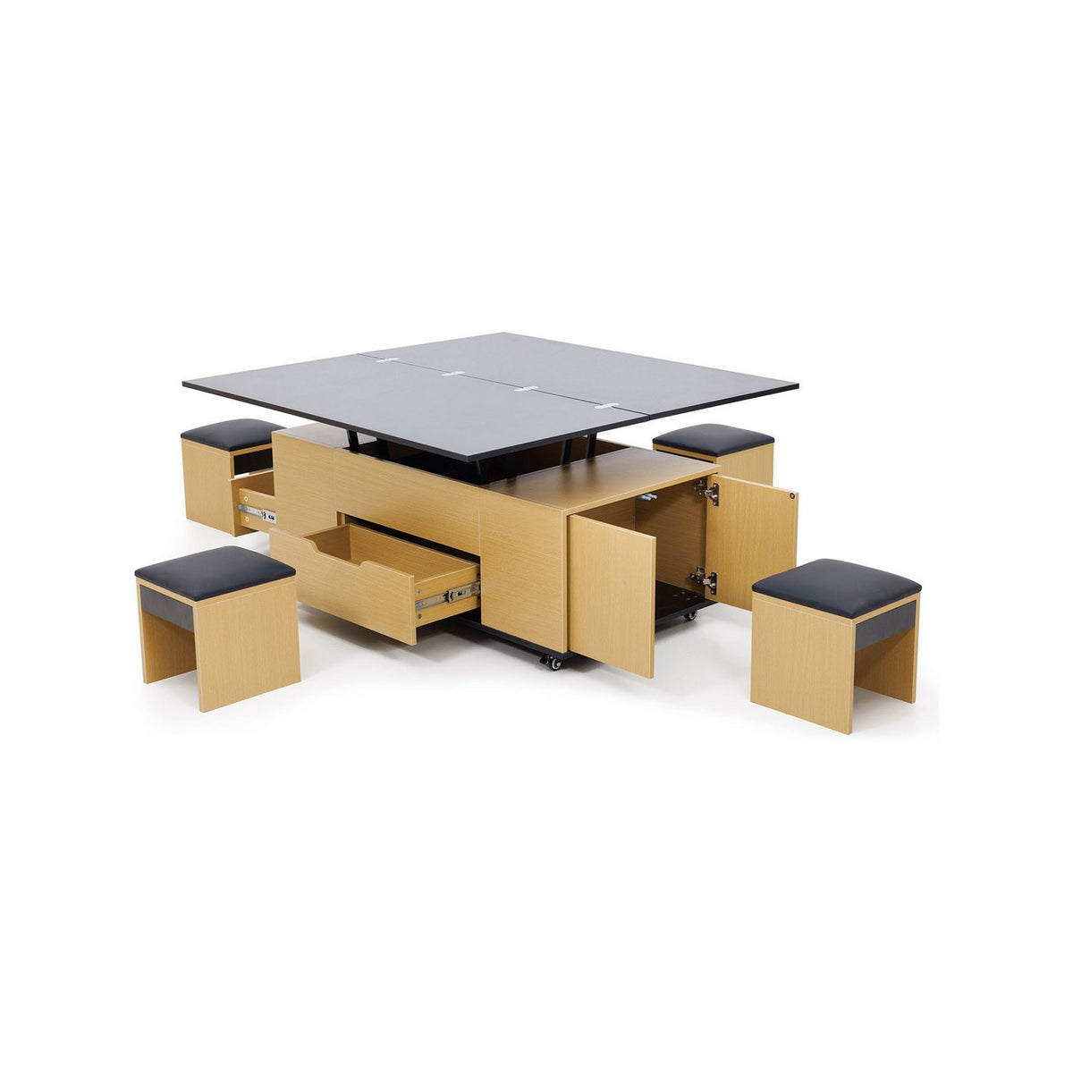 Calis - Table Basse Avec 4 Poufs - Noir Et Naturel