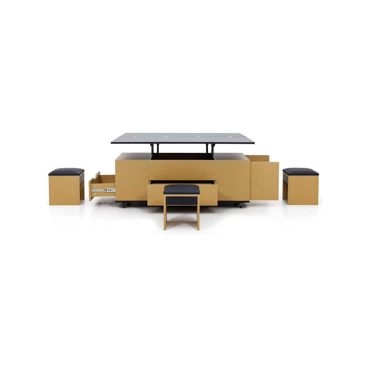 Calis - Table Basse Avec 4 Poufs - Noir Et Naturel