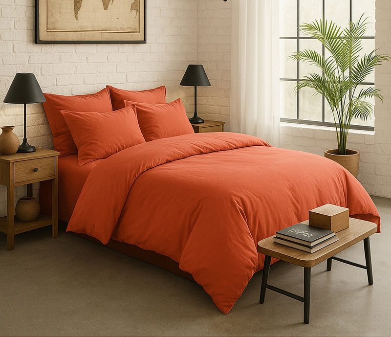 Housse De Couette - 100% Percale De Coton Lavé - 80 Fils/Cm²- Finition Bouteille 40Cm- Terre De Sienne