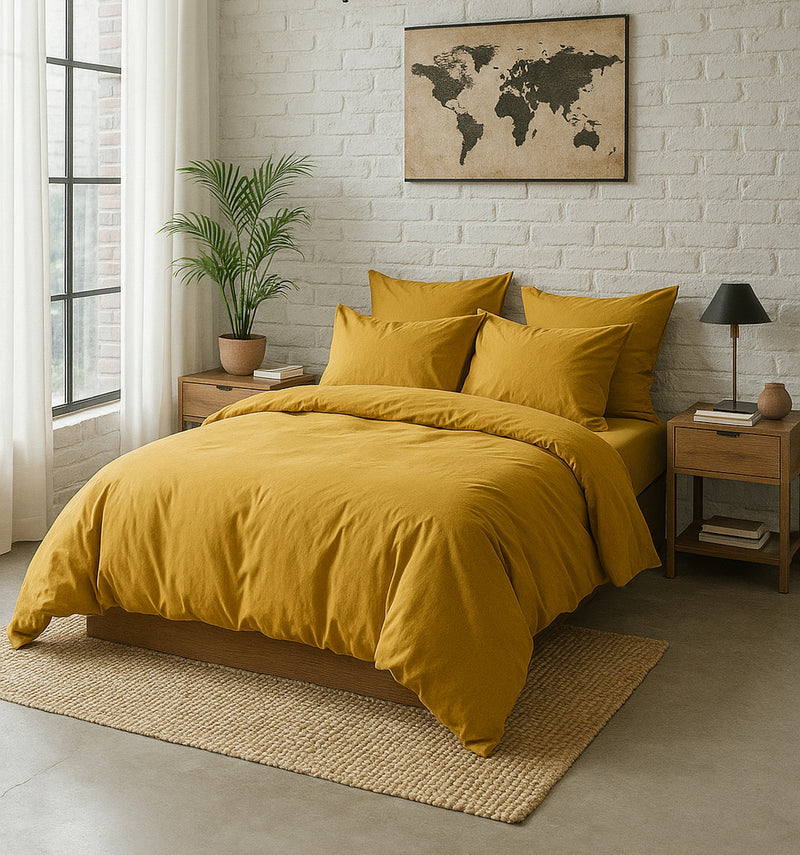 Drap Housse Uni - 100% Percale De Coton Lavé - 80 Fils/Cm²- Finition Bonnet 30Cm- Jaune Moutarde