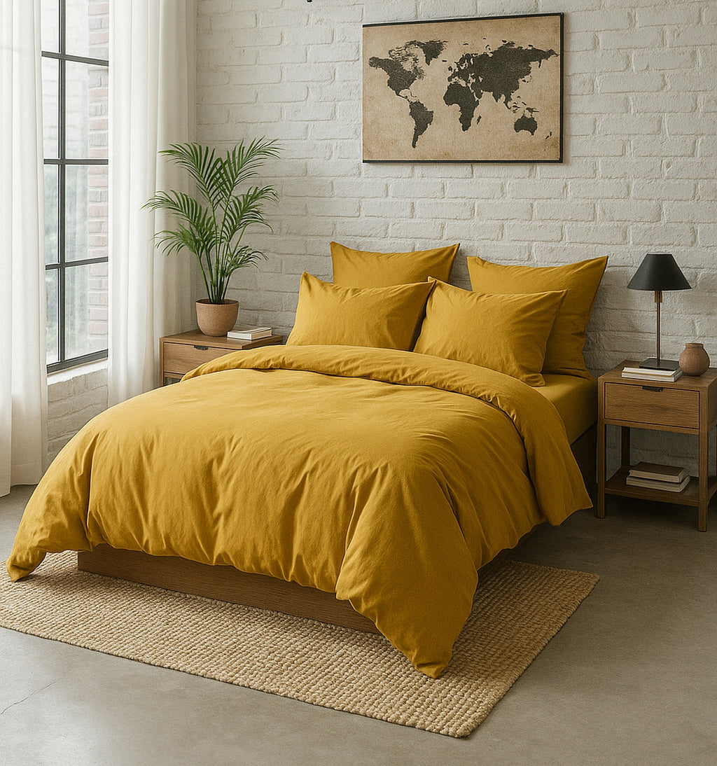 Elegance - Housse De Couette - 100% Percale De Coton Lavé - Jaune Moutarde