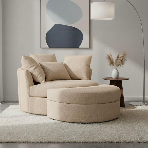 Fauteuil Rond Loveuse Pivotante + Coffre En Tissu Texturé - Beige
