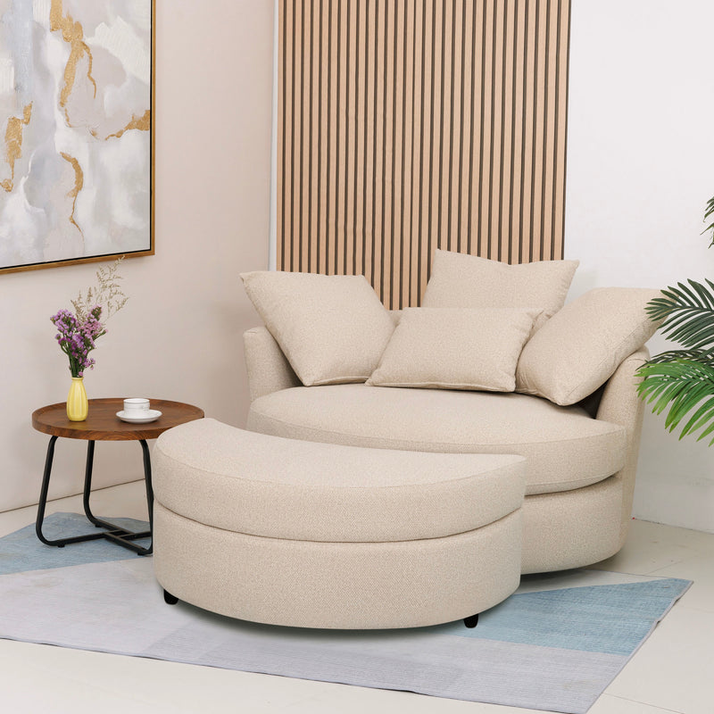 Fauteuil Rond Loveuse Pivotante + Coffre En Tissu Texturé - Beige