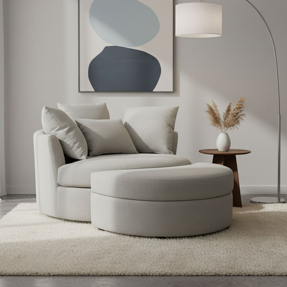 Fauteuil Rond Loveuse Pivotante + Coffre En Tissu Texturé - Gris