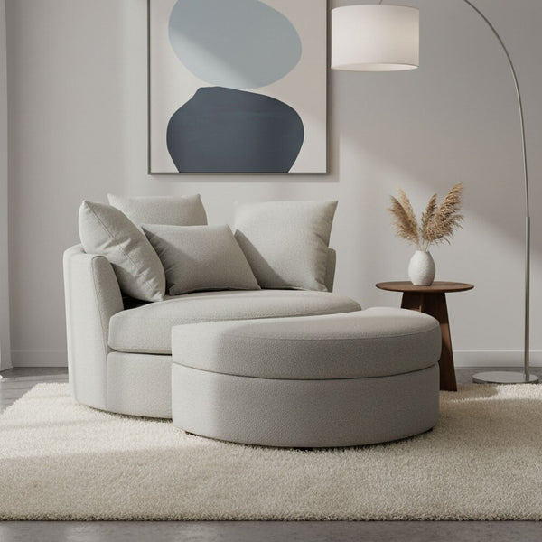 Fauteuil Rond Loveuse Pivotante + Coffre En Tissu Texturé - Gris