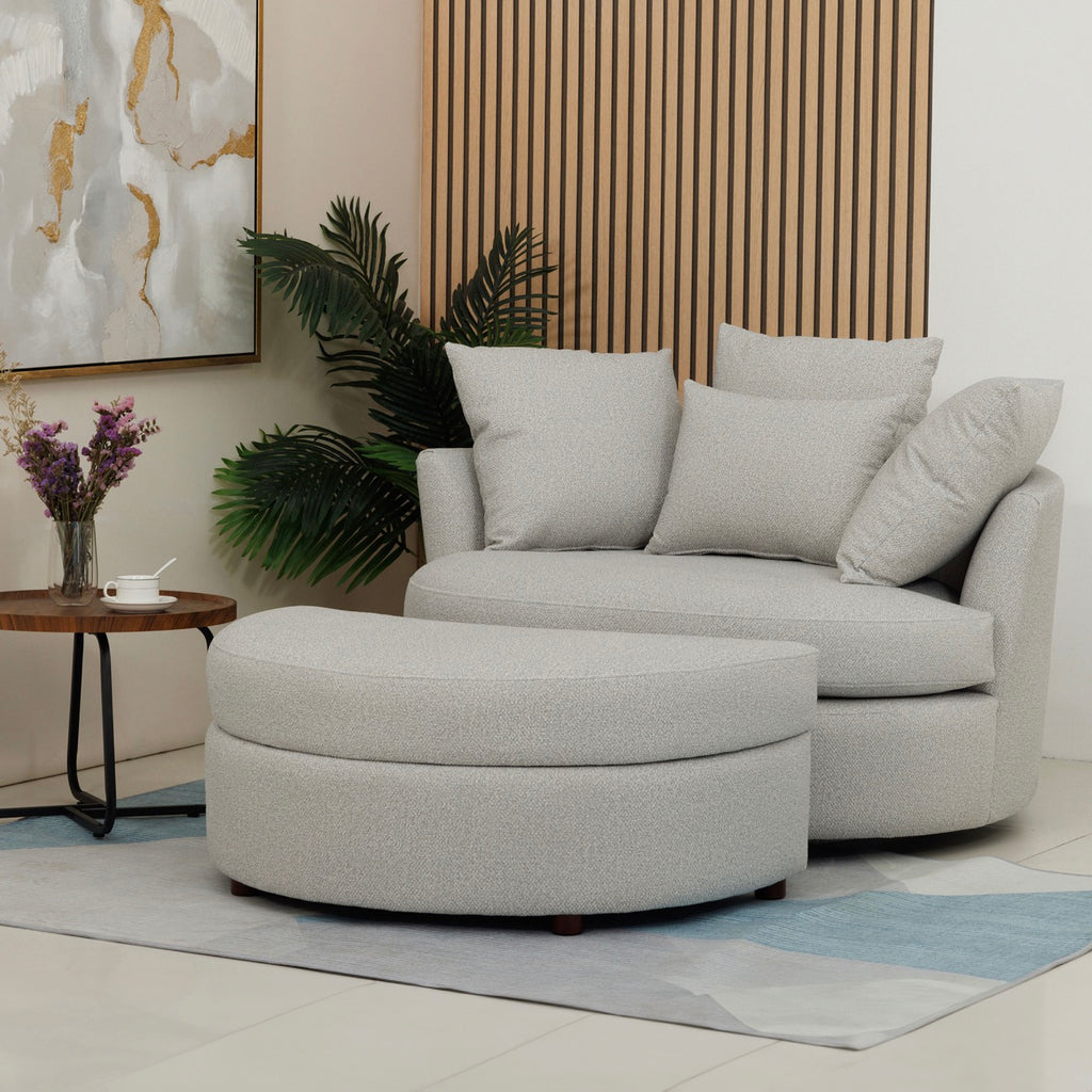 Fauteuil Rond Loveuse Pivotante + Coffre En Tissu Texturé - Gris