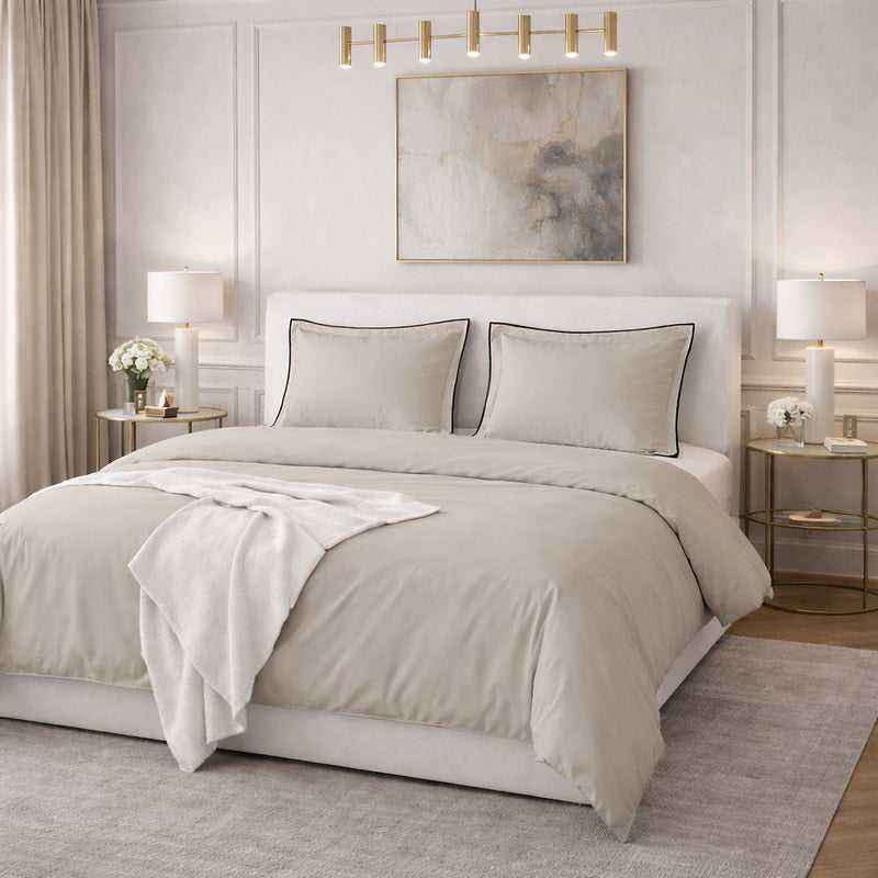 Talie Plain Beige Duvet Cover Set - 100% Cotton Satin 120 Thread Count - Beige