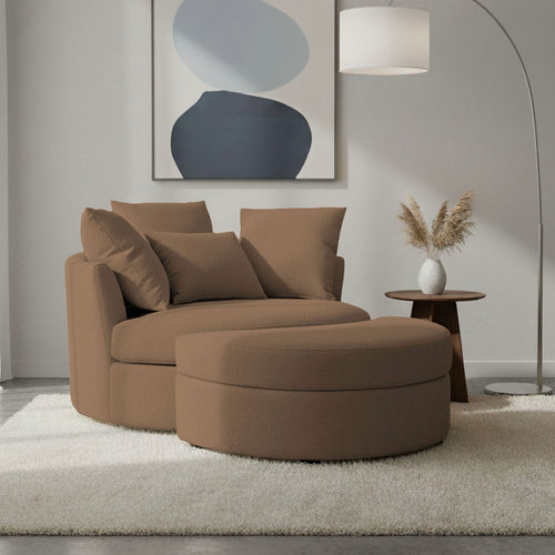 Fauteuil Rond Loveuse Pivotante + Coffre En Tissu Texturé - Marron