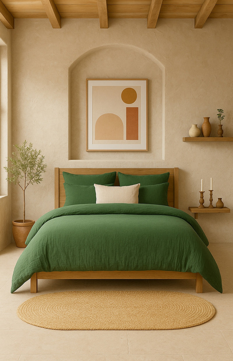 Drap Housse - 100% Gaze De Coton Lavé - Vert Cèdre