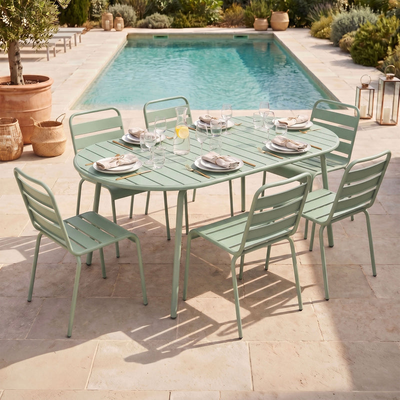 Baca - Ensemble Table De Jardin Ovale + 6 Chaises En Métal - Vert