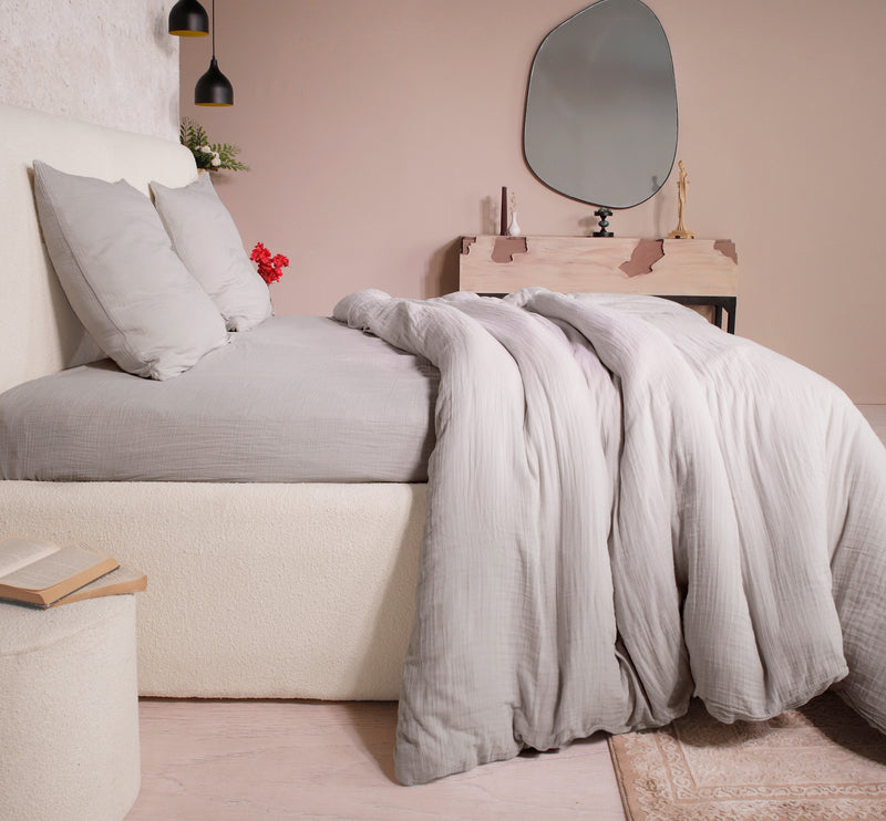 Parure de Lit Complète - 3 pièces - 100% Gaze de Coton Lavé - Ava - Gris Glacier