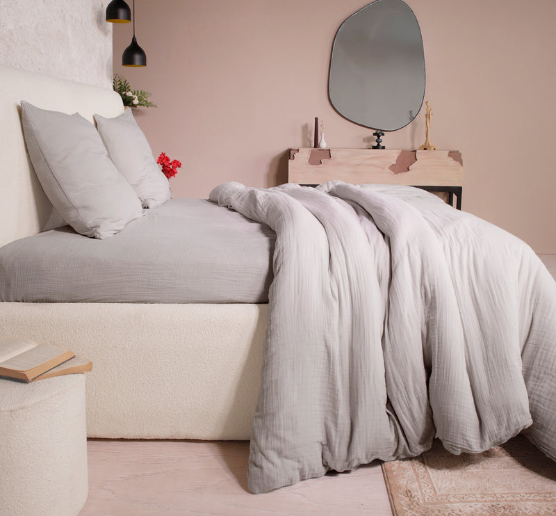 Parure de Lit Complète - 3 pièces - 100% Gaze de Coton Lavé - Ava - Gris Glacier