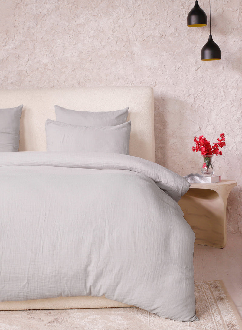 Parure de Lit Complète - 3 pièces - 100% Gaze de Coton Lavé - Ava - Gris Glacier