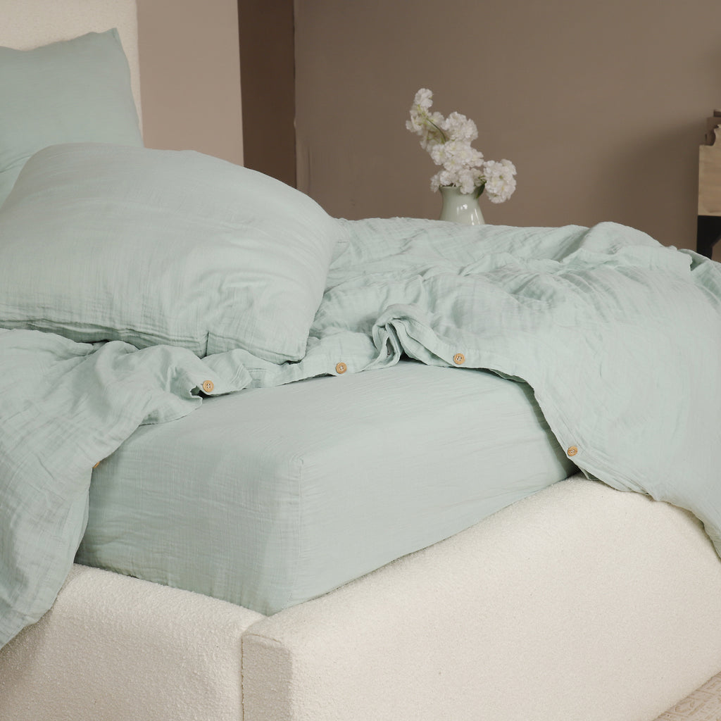3-Piece Duvet Set 100% Washed Cotton Gauze Frosted Green