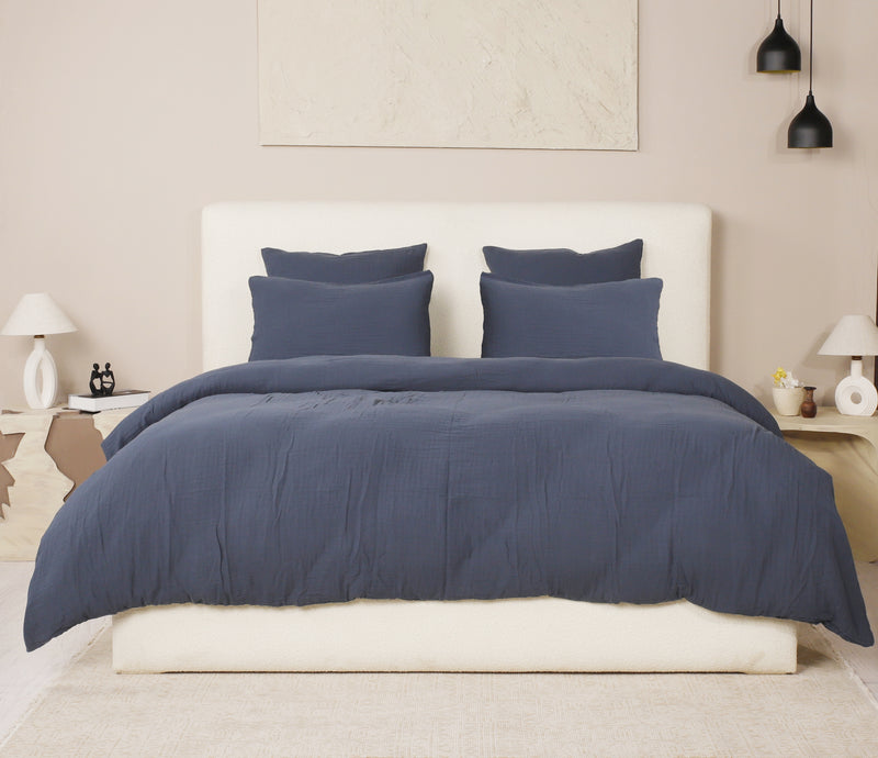 Parure De Couette 3 Pcs 100% Gaze De Coton Lavé Bleu Pétrole