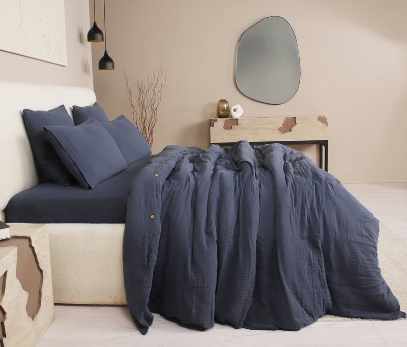 Parure De Couette 3 Pcs 100% Gaze De Coton Lavé Bleu Pétrole