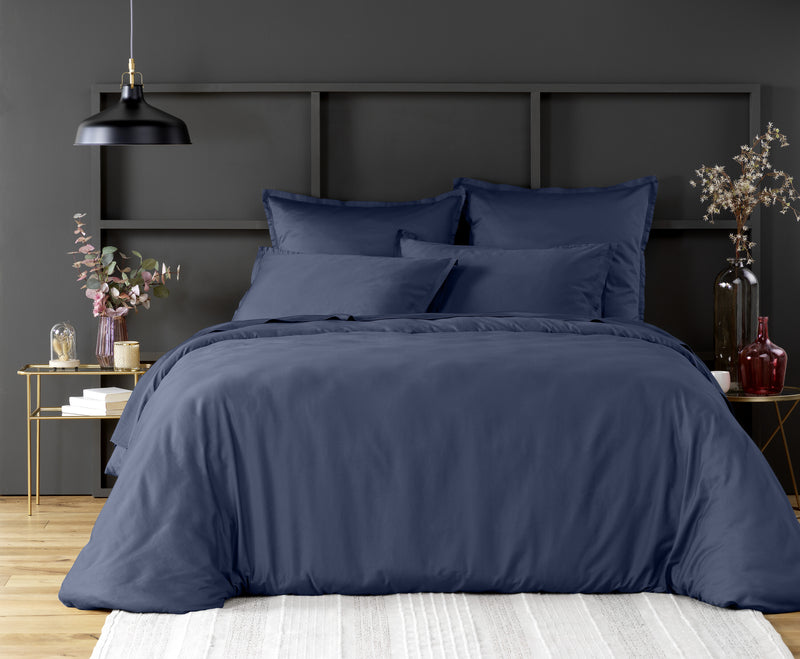 Drap Plat 2 Personnes 100% Satin De Coton Lavé 105 Fils Bleu Marine