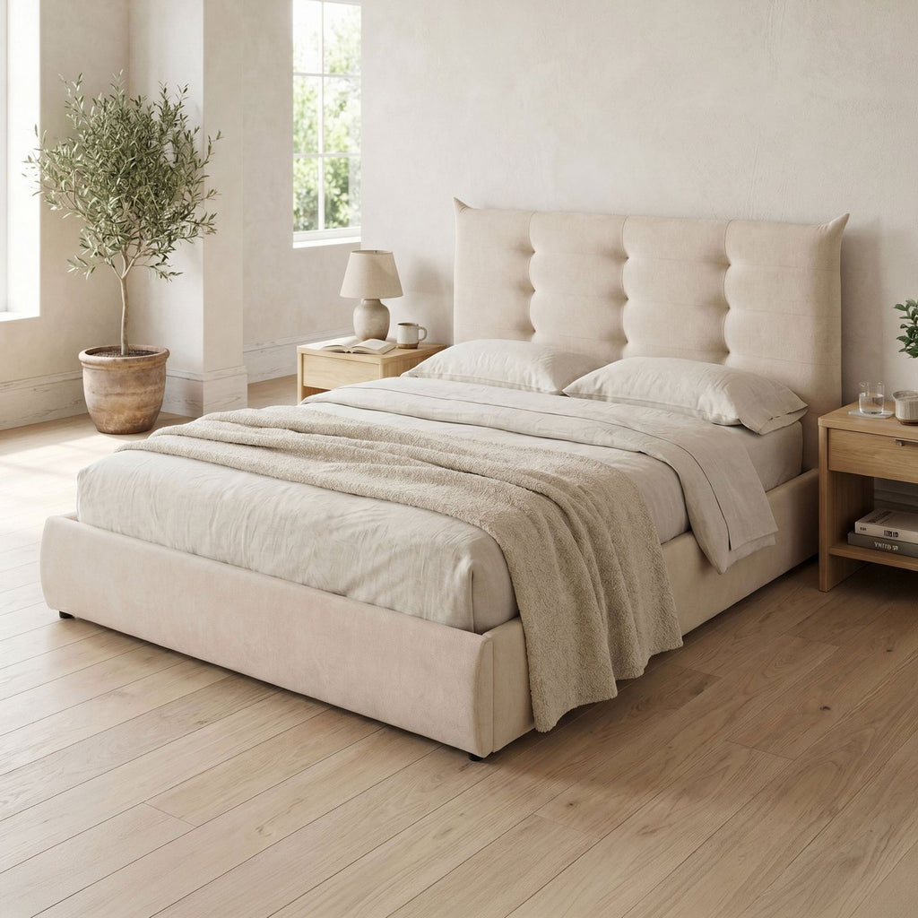 Esmar - Lit Coffre Avec Tête De Lit Capitonnée - Tissu Texturé - Beige