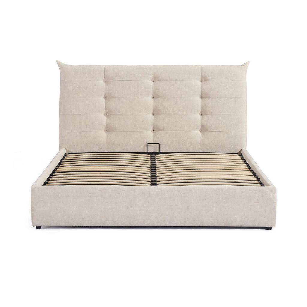 Esmar - Lit Coffre Avec Tête De Lit Capitonnée - Tissu Texturé - Beige
